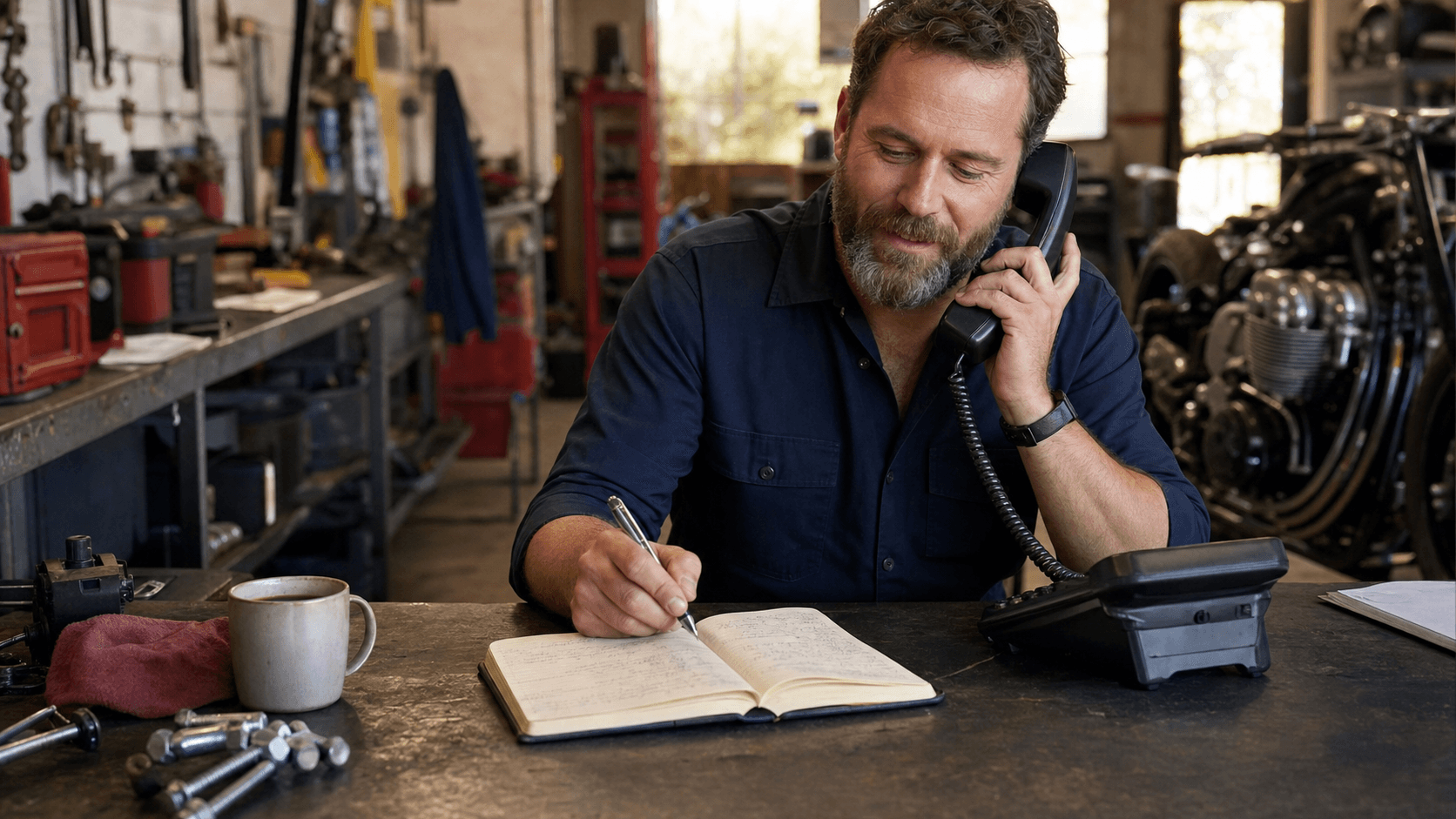 Business owner taking a customer call in a repair workshop