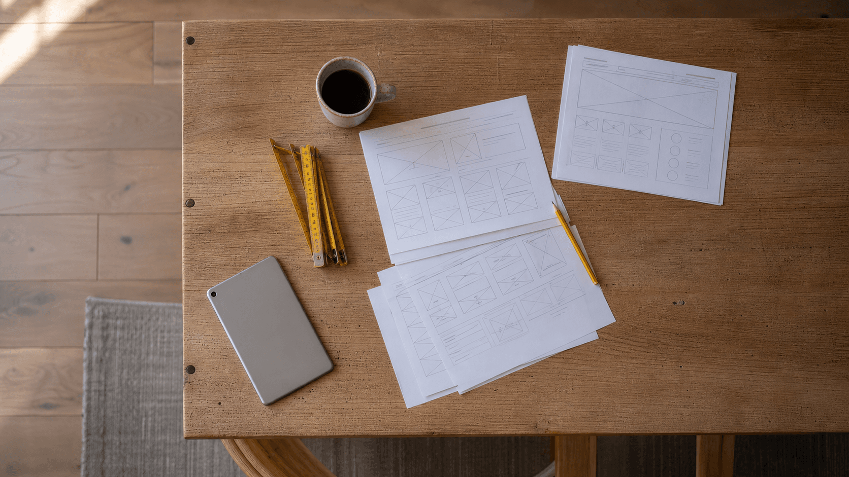 Landing page wireframes on a studio table