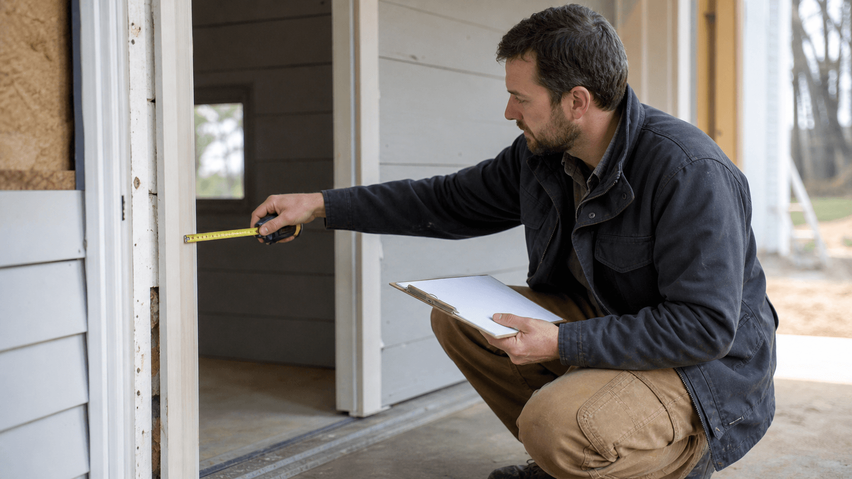 Contractor measuring a doorway before preparing an estimate